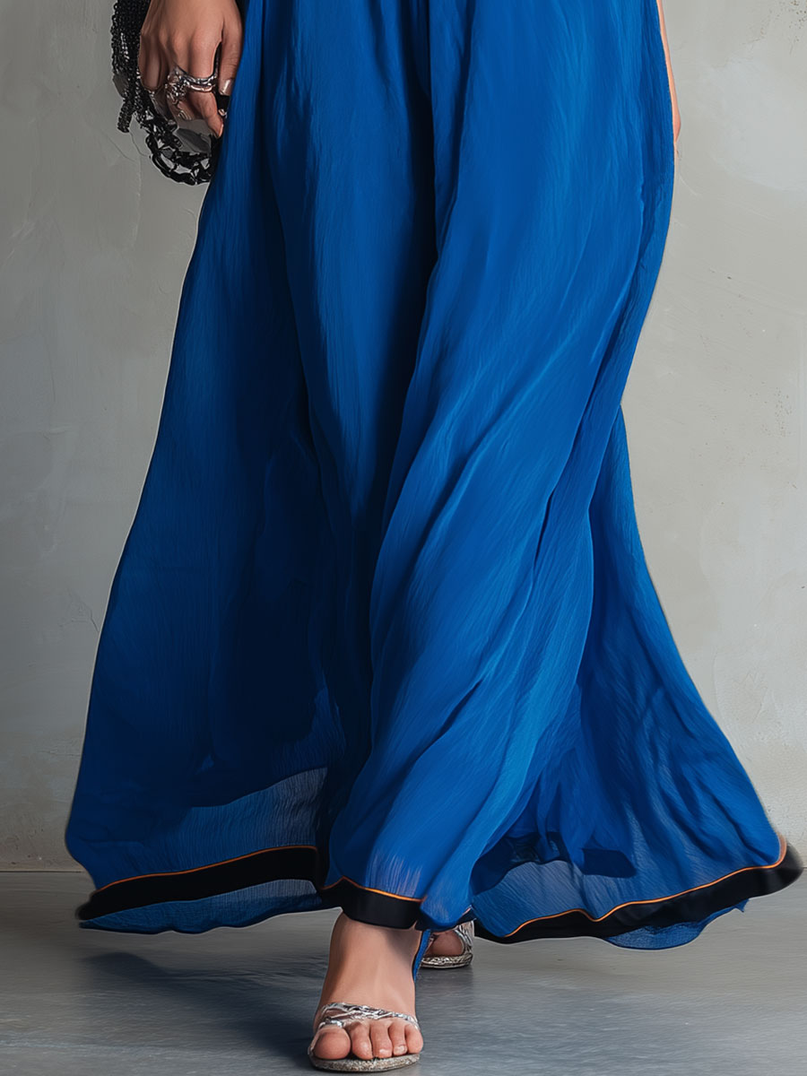 Elegant Retro Color-blocked Blue Sleeveless V-neck Chiffon Maxi Dress