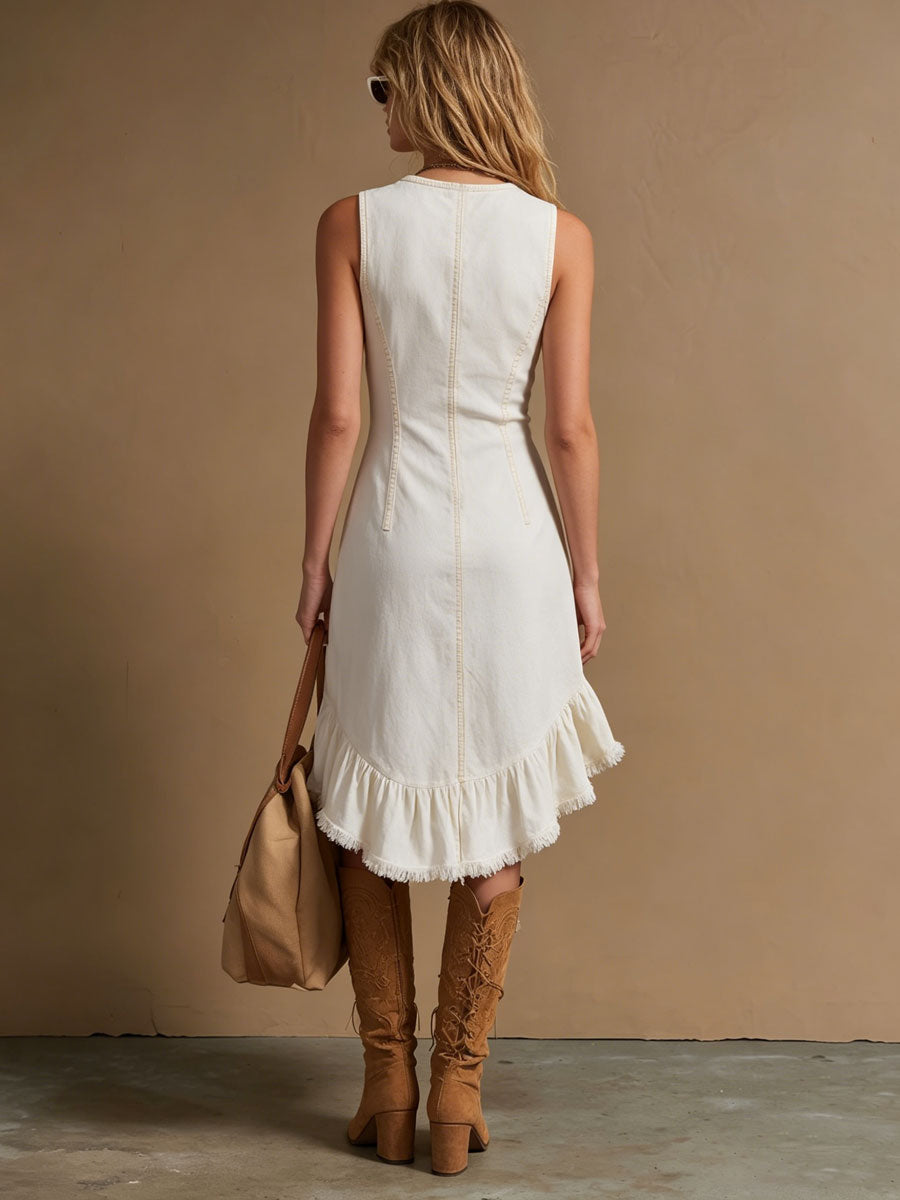Casual Retro V-neck Zip-up White Denim Sleeveless Ruffled Frayed Midi Dress