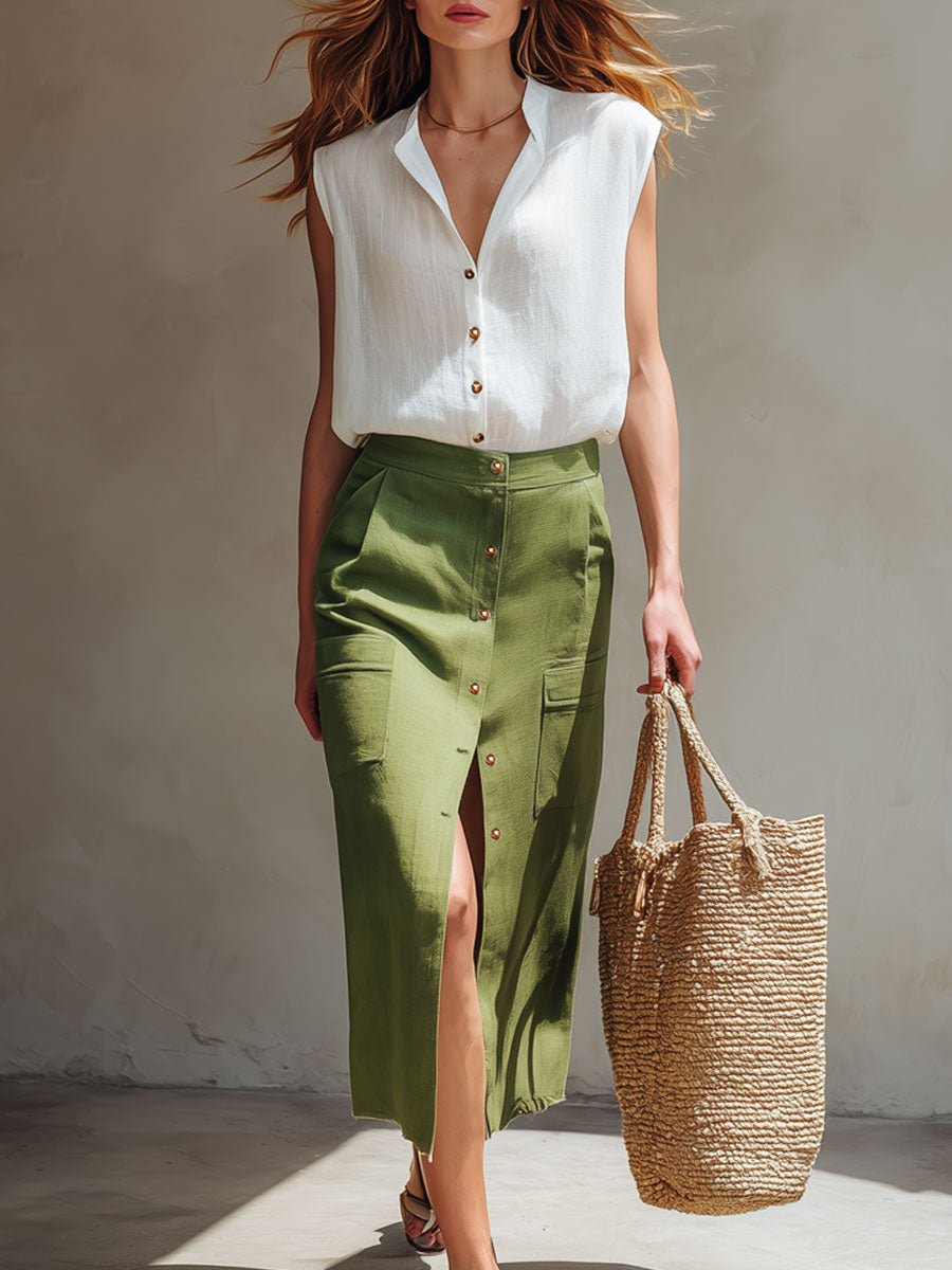 Elegant Retro White Cotton Linen Sleeveless Shirt And Green Workwear Skirt Set