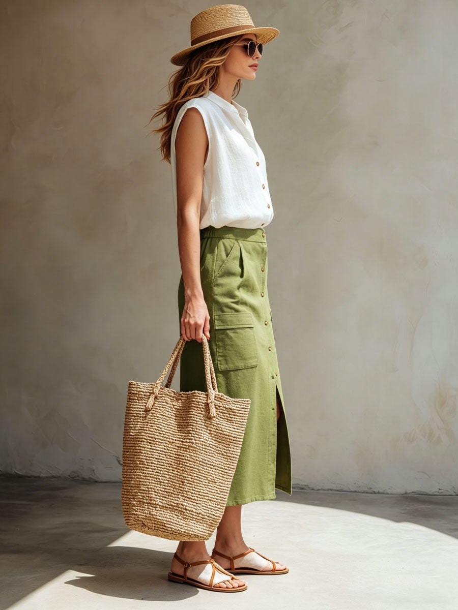 Elegant Retro White Cotton Linen Sleeveless Shirt And Green Workwear Skirt Set