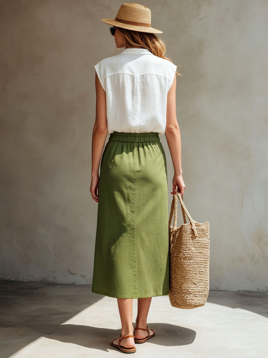 Elegant Retro White Cotton Linen Sleeveless Shirt And Green Workwear Skirt Set