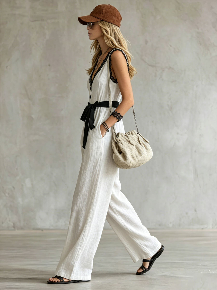 Color-blocked Lace-trimmed V-neck Tie-up Wide-leg Cotton-linen Jumpsuit