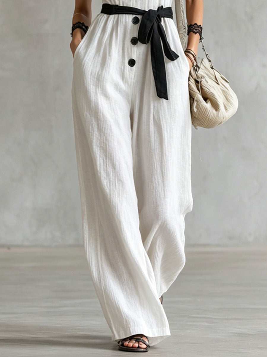Color-blocked Lace-trimmed V-neck Tie-up Wide-leg Cotton-linen Jumpsuit