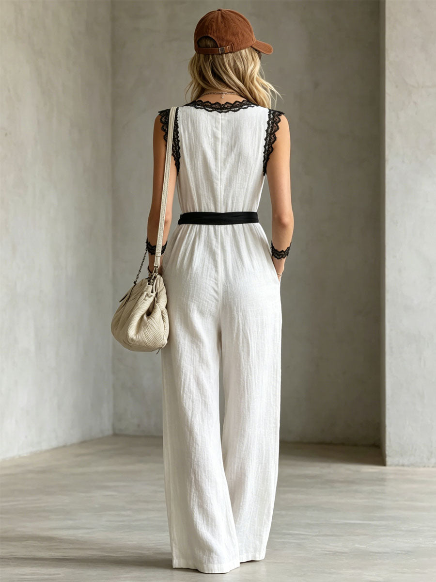 Color-blocked Lace-trimmed V-neck Tie-up Wide-leg Cotton-linen Jumpsuit