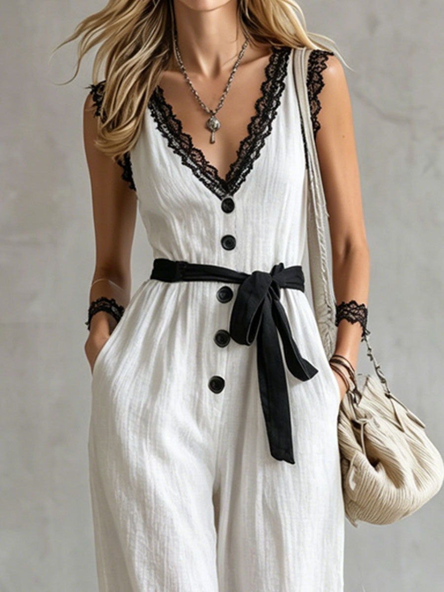 Color-blocked Lace-trimmed V-neck Tie-up Wide-leg Cotton-linen Jumpsuit