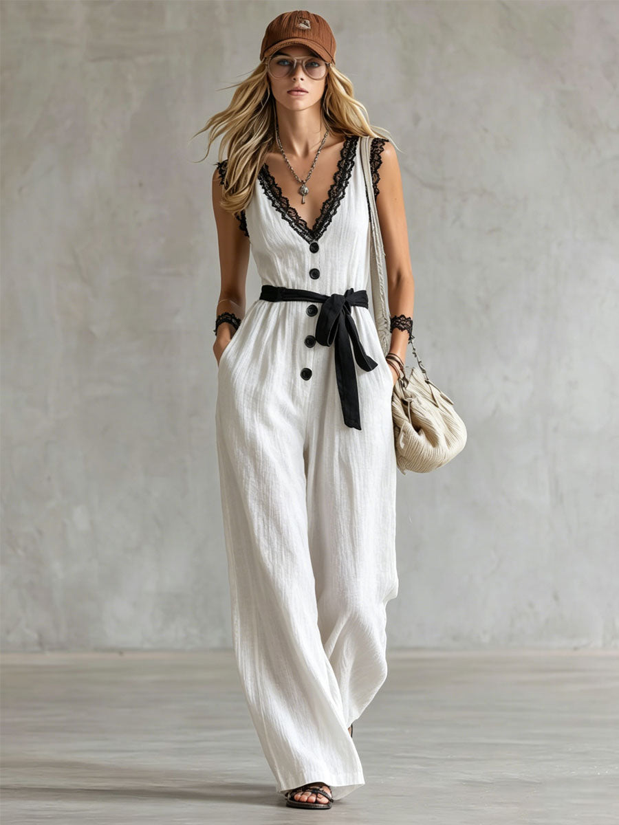Color-blocked Lace-trimmed V-neck Tie-up Wide-leg Cotton-linen Jumpsuit