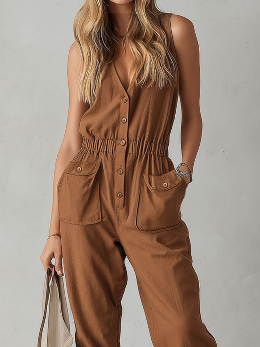 V-neck Single-breasted Sleeveless Cotton-linen Jumpsuit