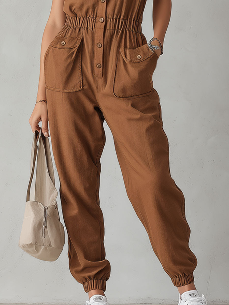 V-neck Single-breasted Sleeveless Cotton-linen Jumpsuit