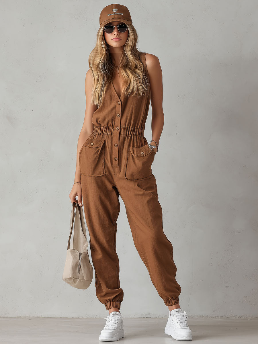 V-neck Single-breasted Sleeveless Cotton-linen Jumpsuit