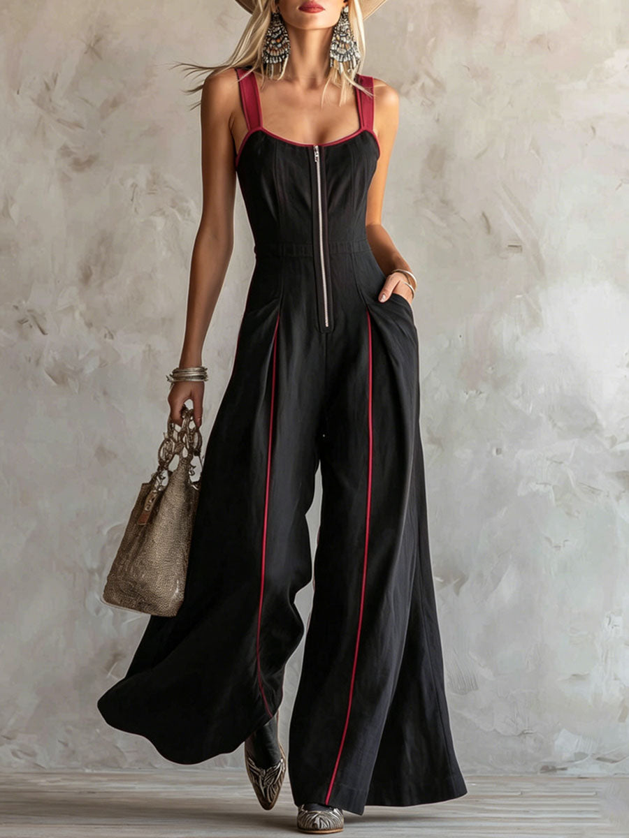 Wide-strap Color-blocked Zipper Sleeveless Cotton-linen Jumpsuit