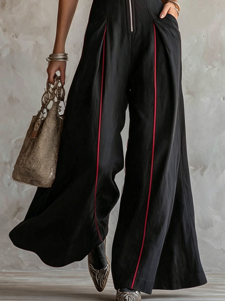 Wide-strap Color-blocked Zipper Sleeveless Cotton-linen Jumpsuit