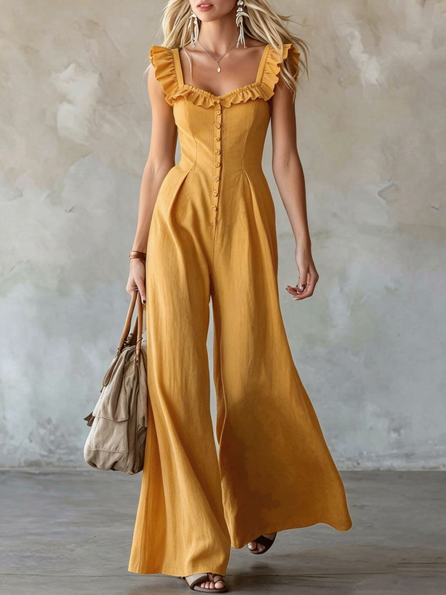 Ruffled Sleeveless Cotton-linen Jumpsuit