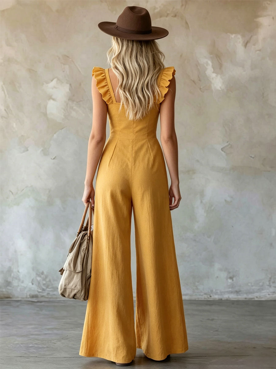 Ruffled Sleeveless Cotton-linen Jumpsuit