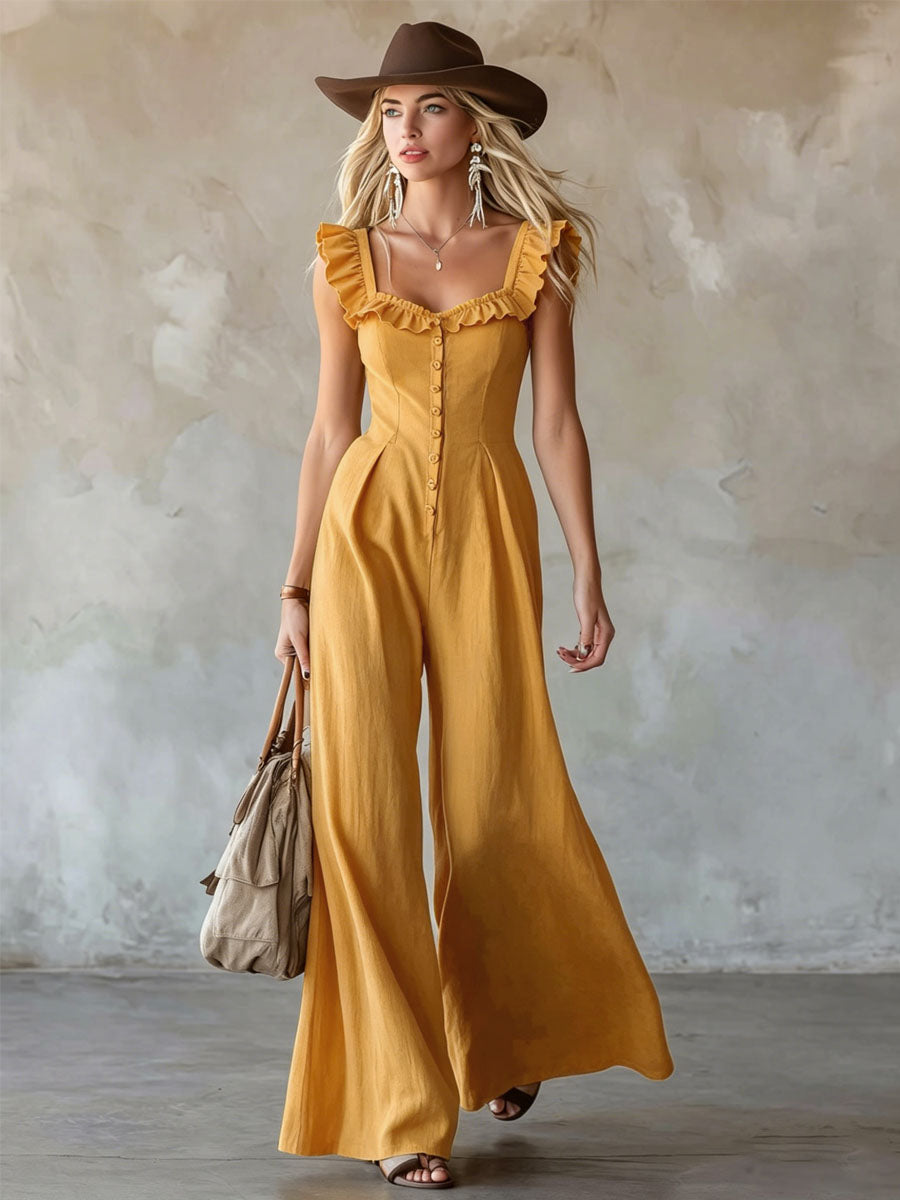 Ruffled Sleeveless Cotton-linen Jumpsuit