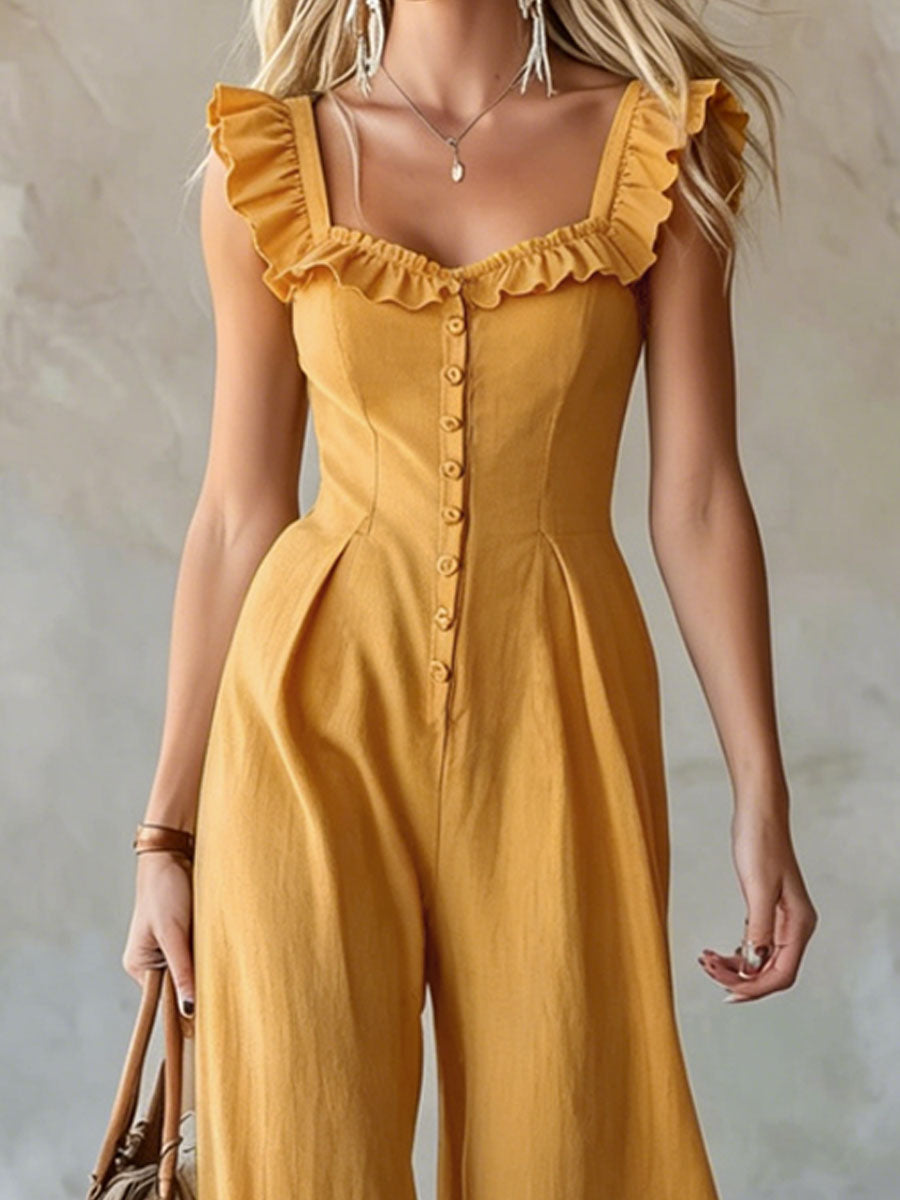Ruffled Sleeveless Cotton-linen Jumpsuit