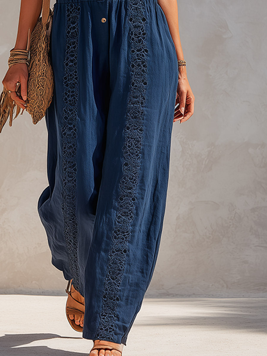 Retro-Casual Lace-Trimmed Navy Blue Cotton-Linen Sleeveless Wide-Leg Jumpsuit