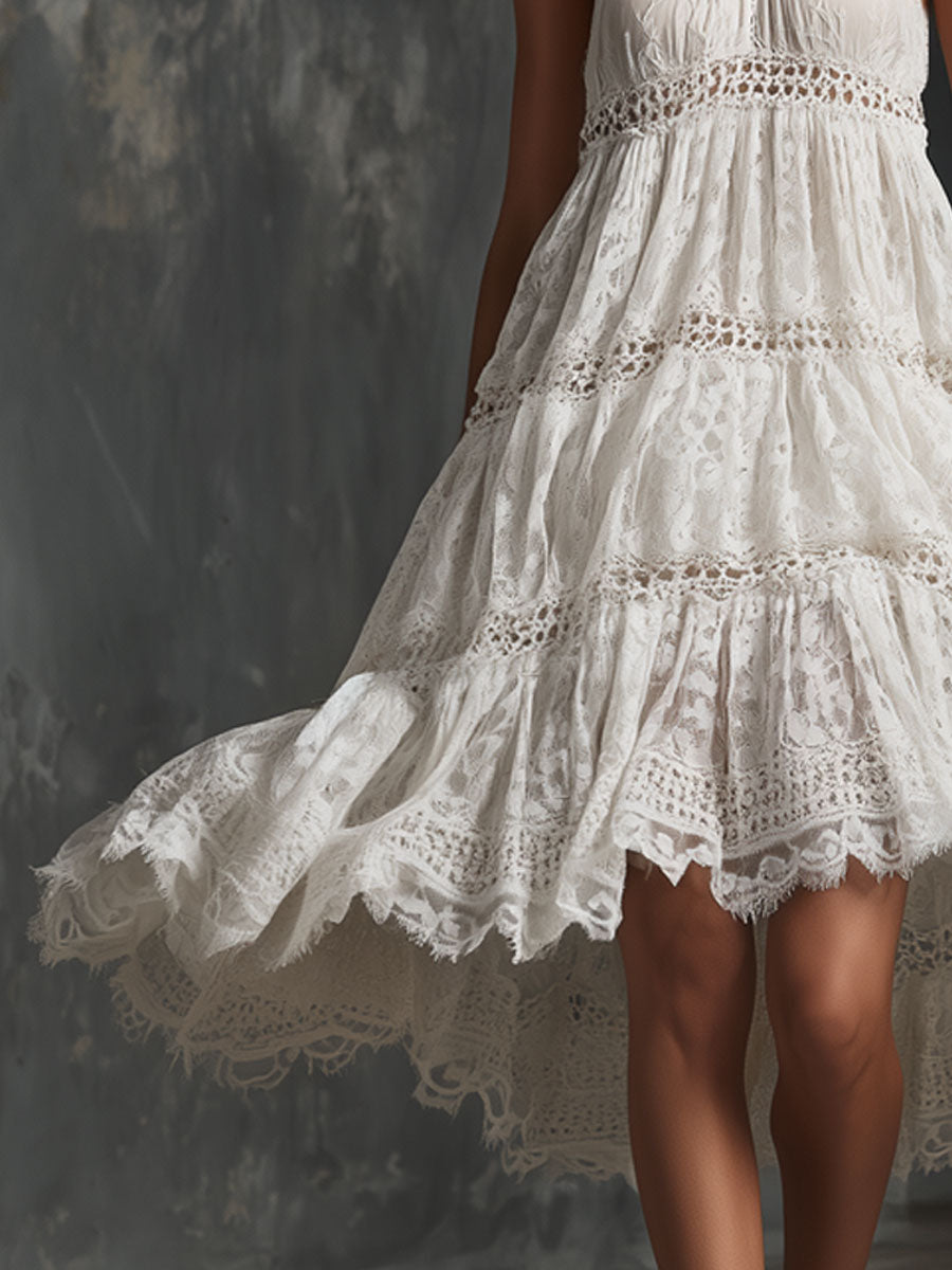Elegant Retro White Lace Halter Neck Sleeveless A-line Mini Dress