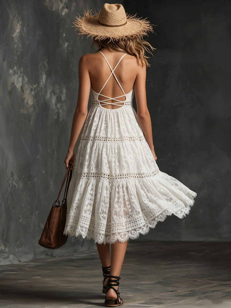 Elegant Retro White Lace Halter Neck Sleeveless A-line Mini Dress