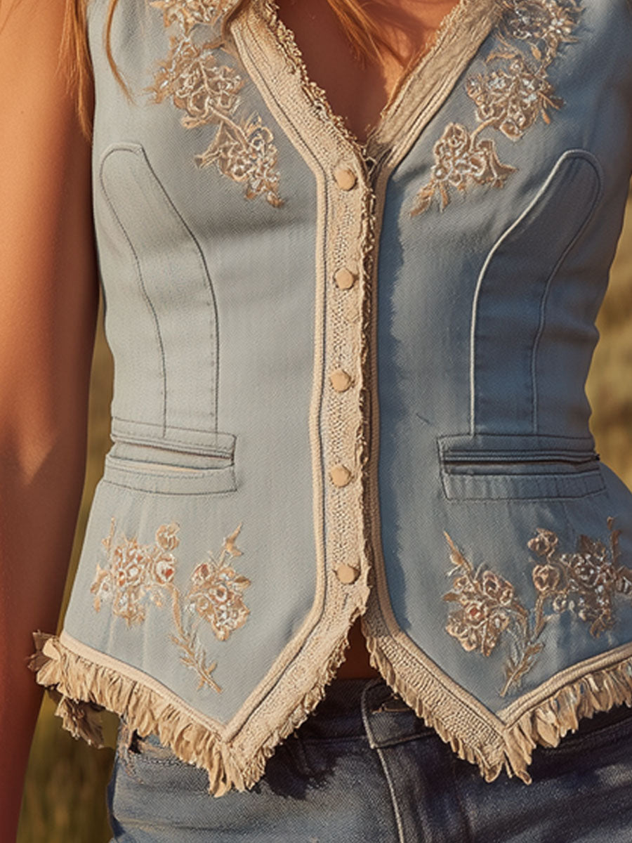 Western Retro Embroidered Tassel Light Blue Denim Vest