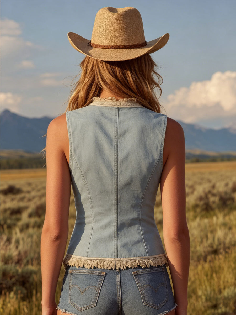 Western Retro Embroidered Tassel Light Blue Denim Vest