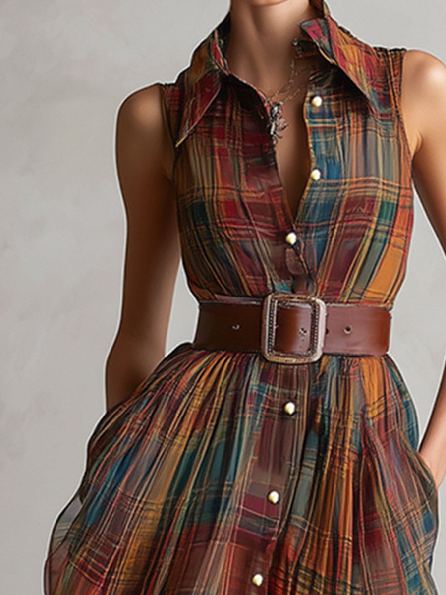 Vintage-Elegant Red-Brown Plaid Print Chiffon Sleeveless Maxi Dress