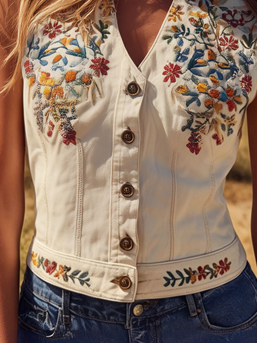 Western Retro Floral Embroidered White Denim Vest