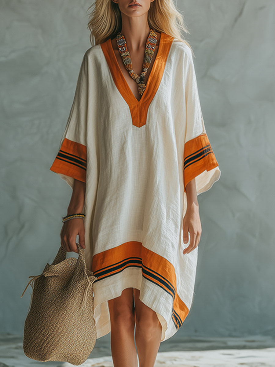 Elegant Silhouette Contrast-Trimmed Beige Cotton-Linen Short-Sleeve Midi Dress