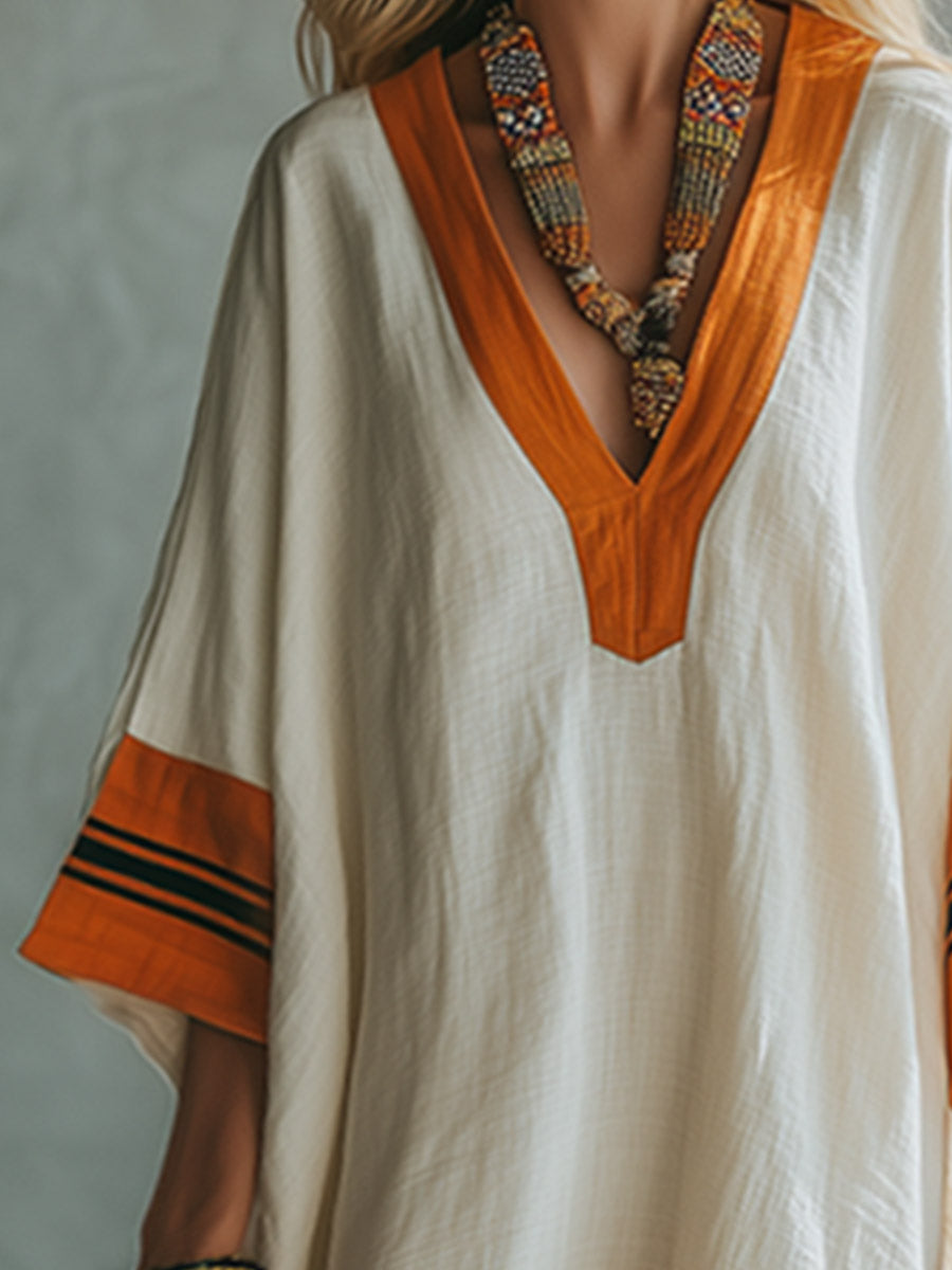 Elegant Silhouette Contrast-Trimmed Beige Cotton-Linen Short-Sleeve Midi Dress