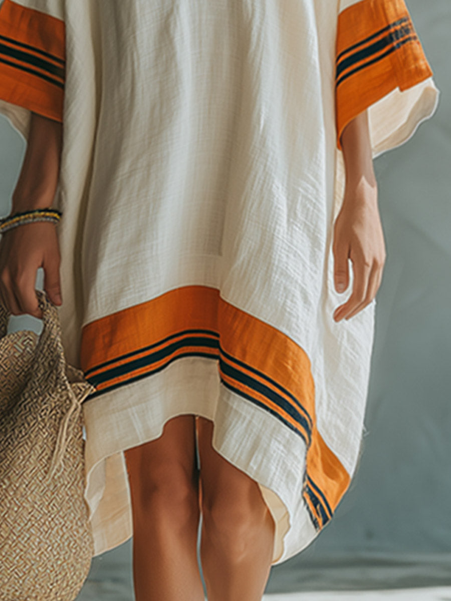 Elegant Silhouette Contrast-Trimmed Beige Cotton-Linen Short-Sleeve Midi Dress