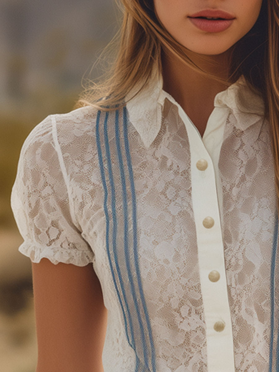 Western Bohemian Retro Striped Ribbon White Lace Short-Sleeve Shirt