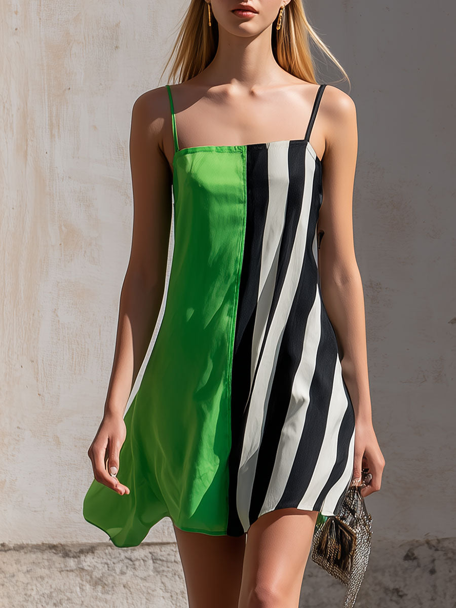 Casual Retro Sleeveless Square Neck Color-blocked Chiffon Mini Dress