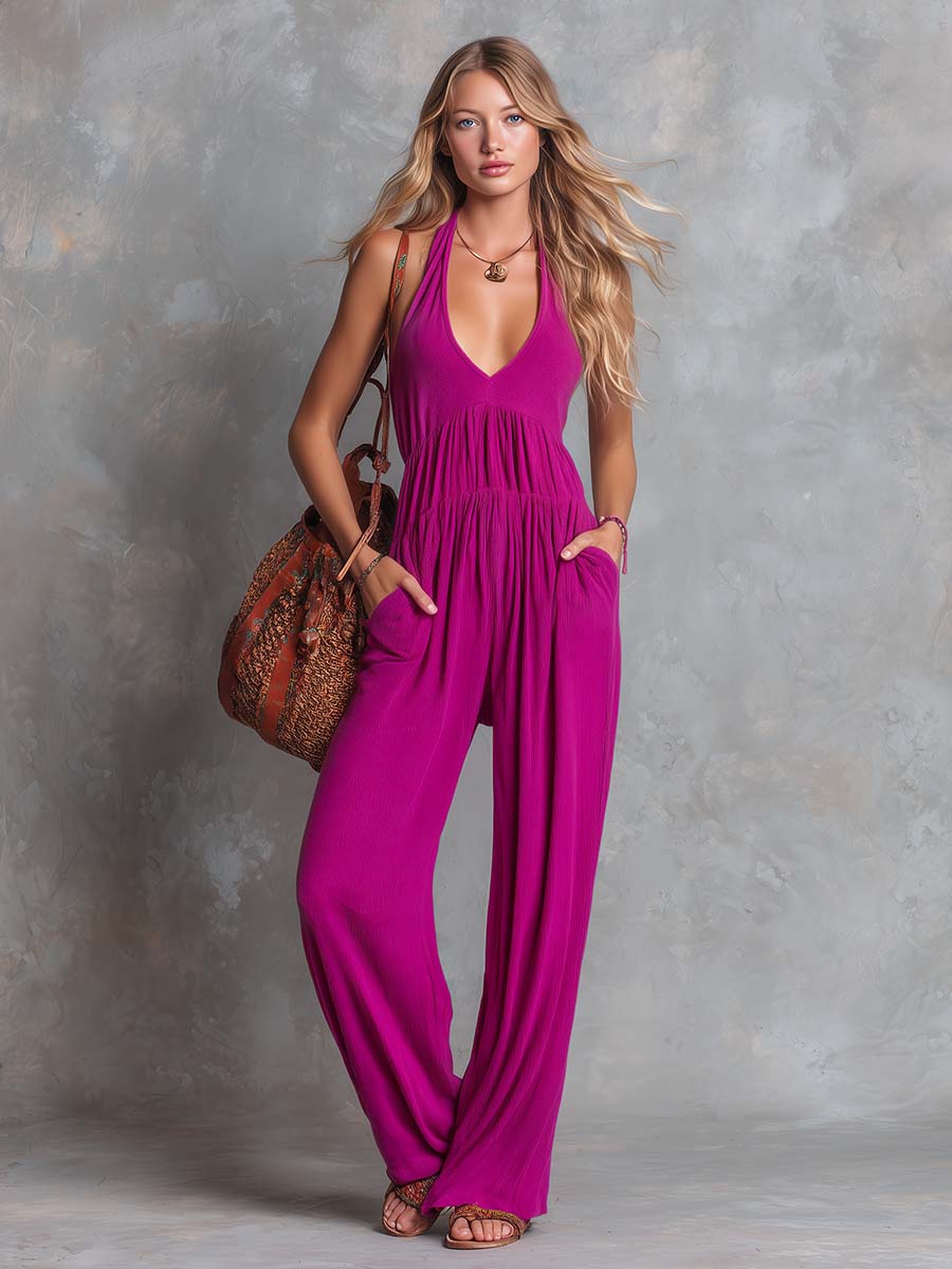 Casual Versatile V-Neck Rose Purple Knitted Jumpsuit