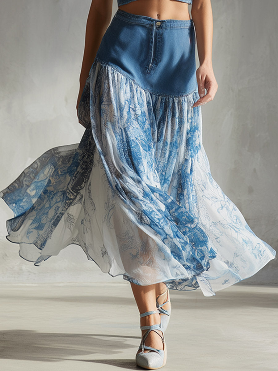 Retro Vacation Style Blue Denim Patchwork Print Chiffon Midi Skirt