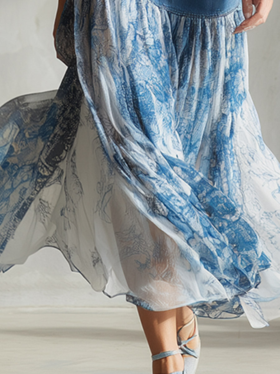 Retro Vacation Style Blue Denim Patchwork Print Chiffon Midi Skirt