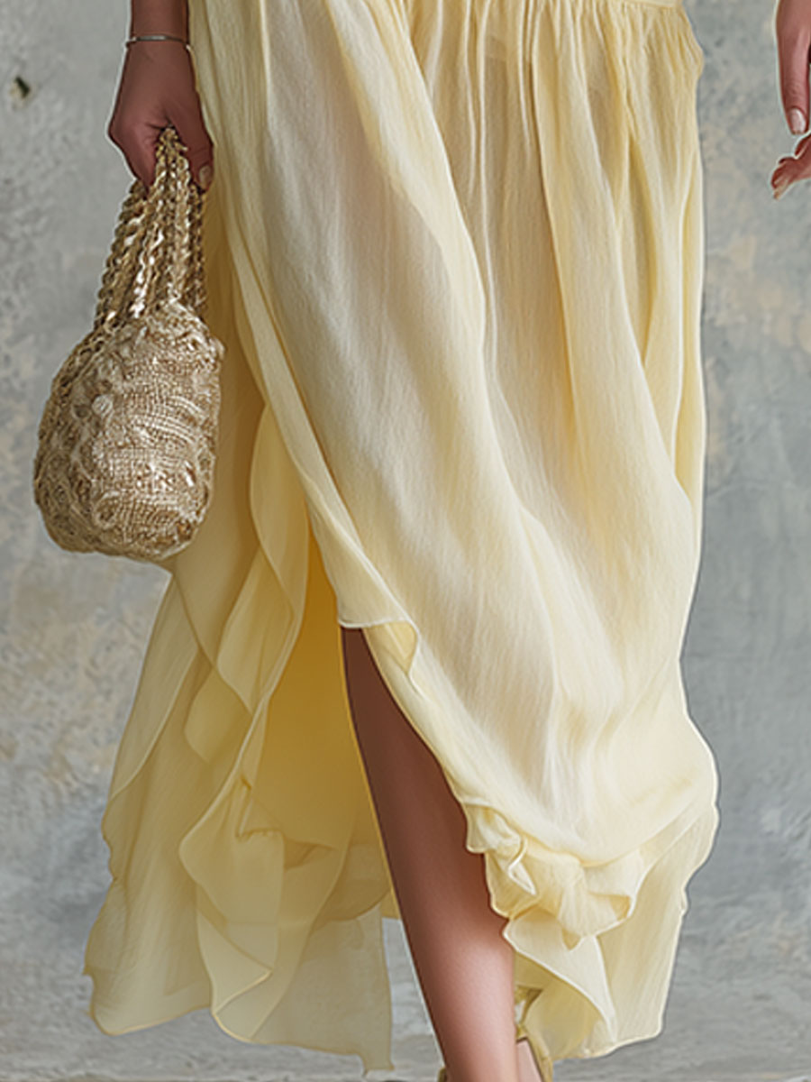 Retro-elegant Yellow Sleeveless V-neck Vest And Chiffon Skirt Set