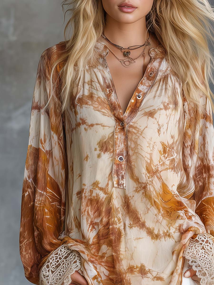 Retro-Casual V-Neck Front-Button Tie-Dye Print Chiffon Blouse