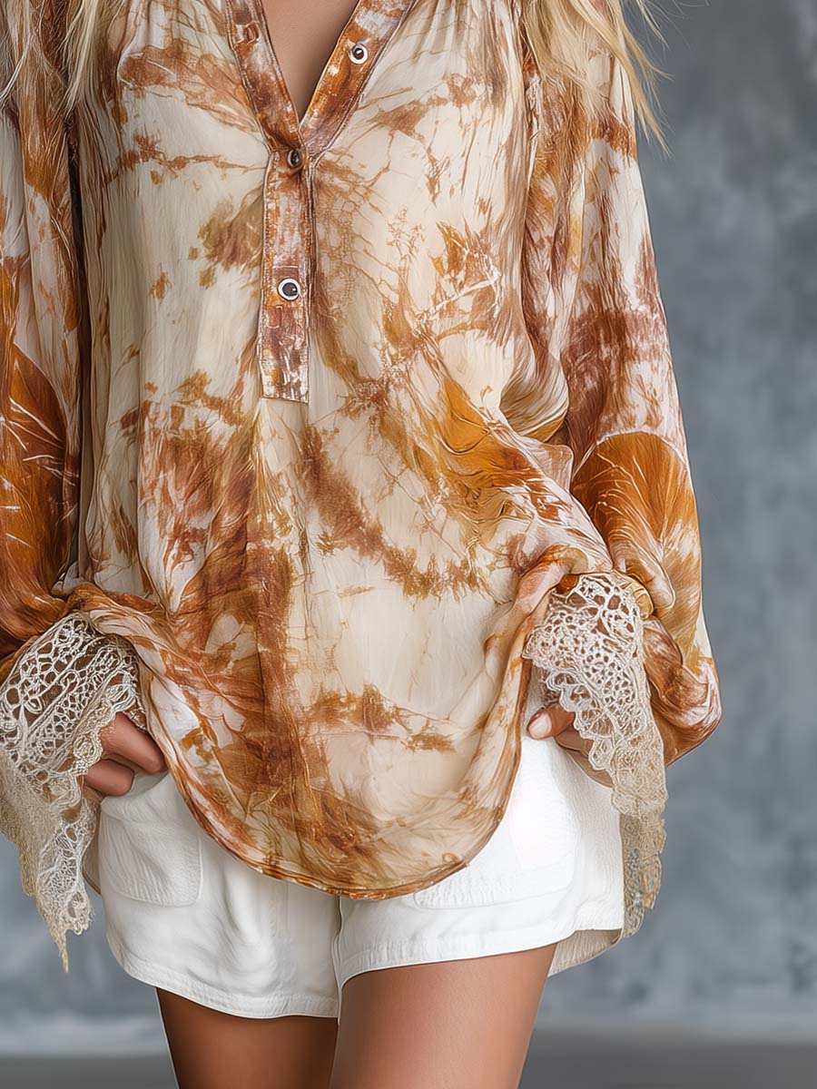 Retro-Casual V-Neck Front-Button Tie-Dye Print Chiffon Blouse