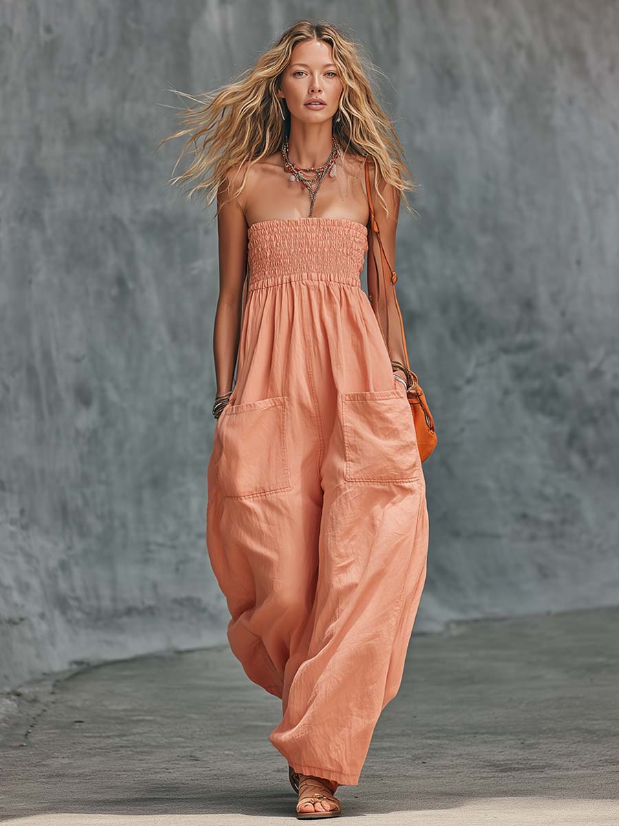 Leisure And Vacation Strapless Orange-Pink Cotton Jumpsuit