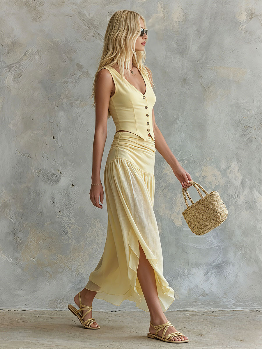 Retro-elegant Yellow Sleeveless V-neck Vest And Chiffon Skirt Set