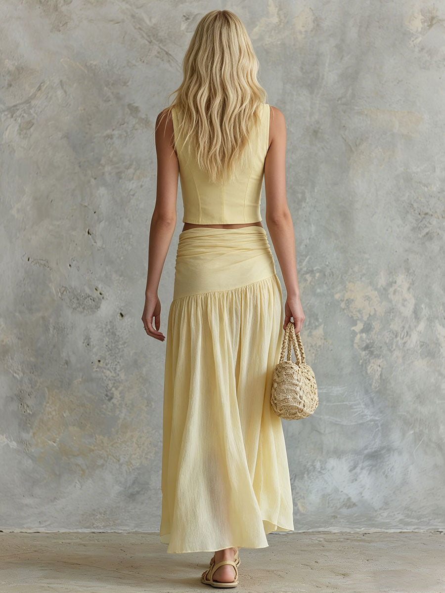 Retro-elegant Yellow Sleeveless V-neck Vest And Chiffon Skirt Set