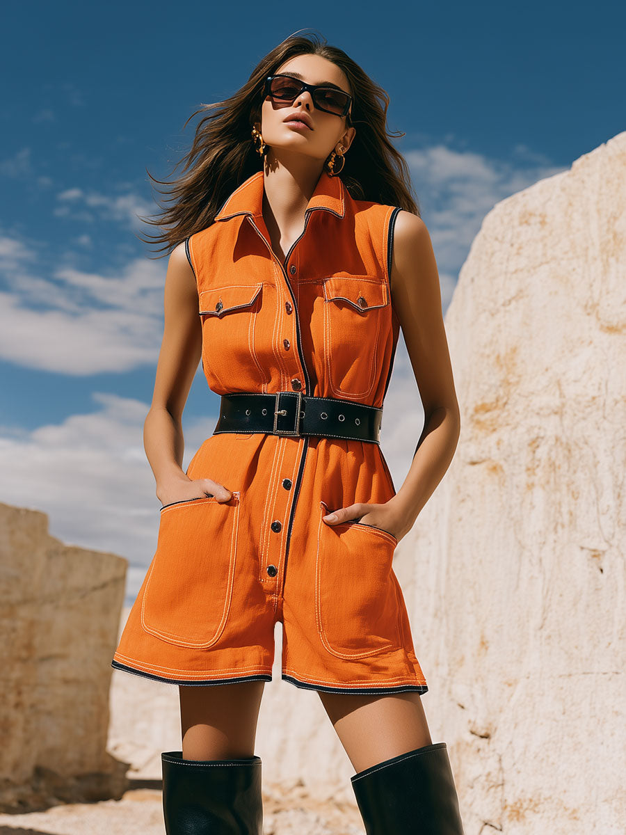 Casual Retro Black-trimmed Orange Cotton Linen Sleeveless Shorts Set
