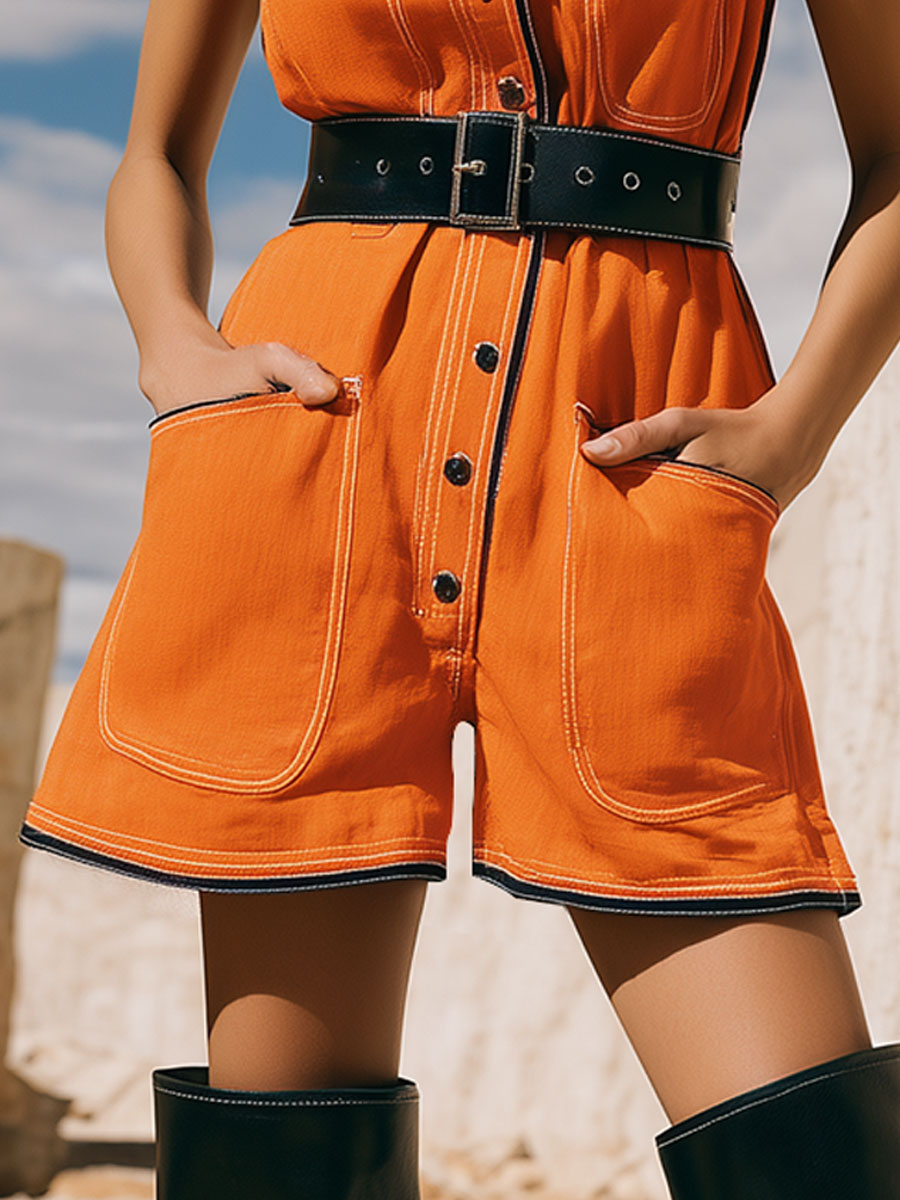 Casual Retro Black-trimmed Orange Cotton Linen Sleeveless Shorts Set