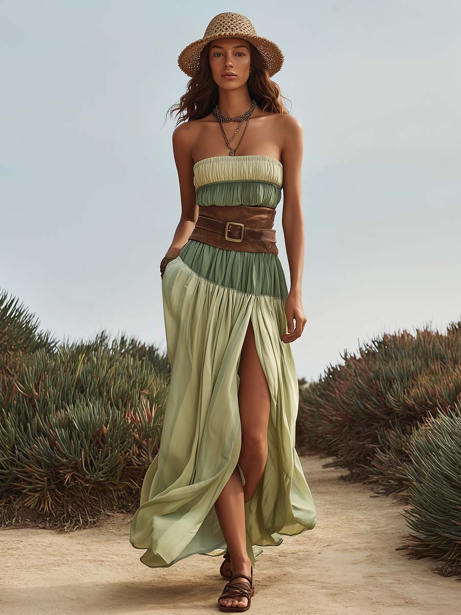 Vacation Fashion Faux Suede Waist Cinch Contrast Cotton Slit Maxi Dress