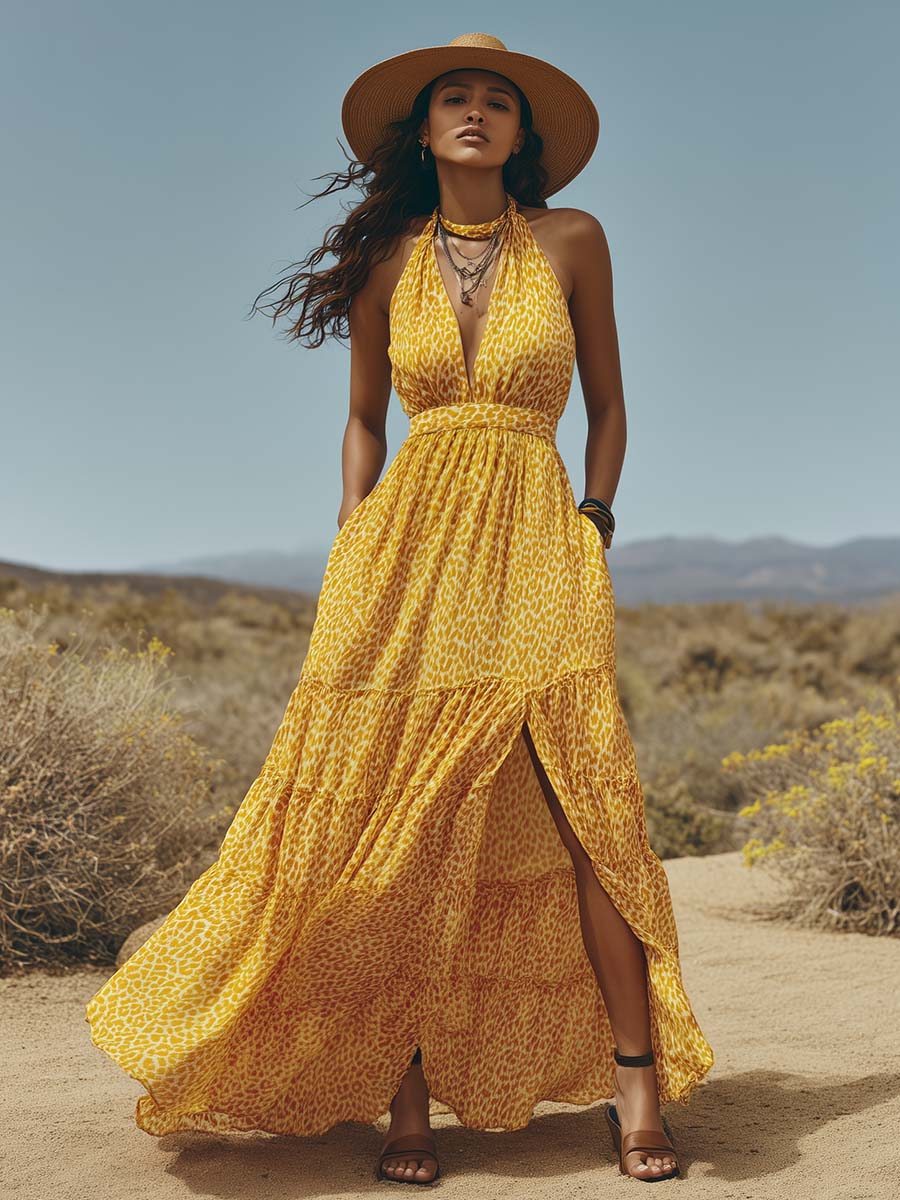 Retro Flowy Halter-Neck V-Neck Leopard Print Yellow Chiffon Slit Maxi Dress