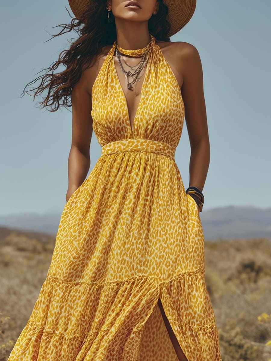 Retro Flowy Halter-Neck V-Neck Leopard Print Yellow Chiffon Slit Maxi Dress