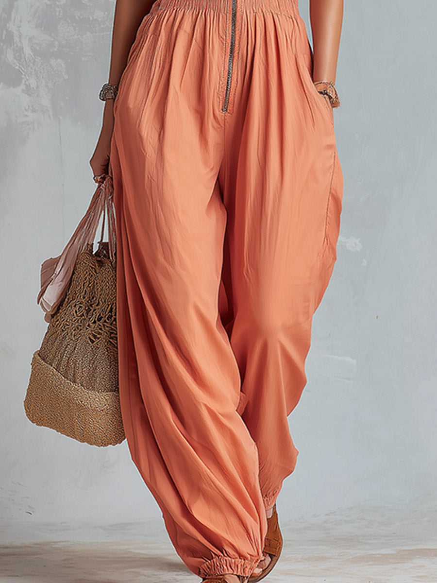 Retro-Casual Pink-Orange Oversized Sleeveless Jumpsuit