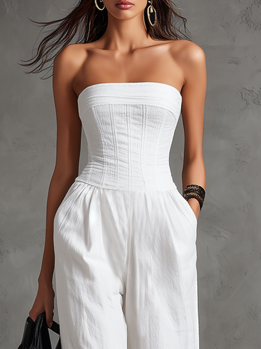 Elegant Retro White Cotton And Linen Strapless Jumpsuit With Laces