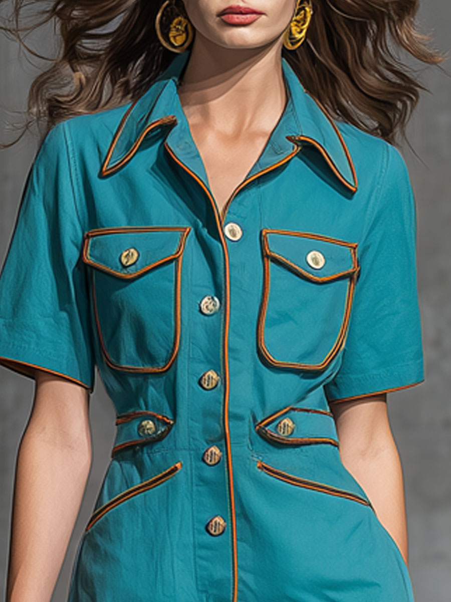 Casual Retro Color-blocked Trimmed Lake Blue Cotton Short-sleeved Jumpsuit