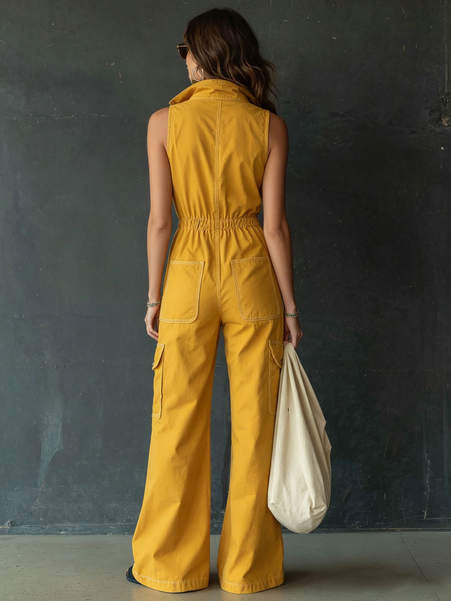 Casual Retro Sleeveless Zippered Yellow Cotton Jumpsuit