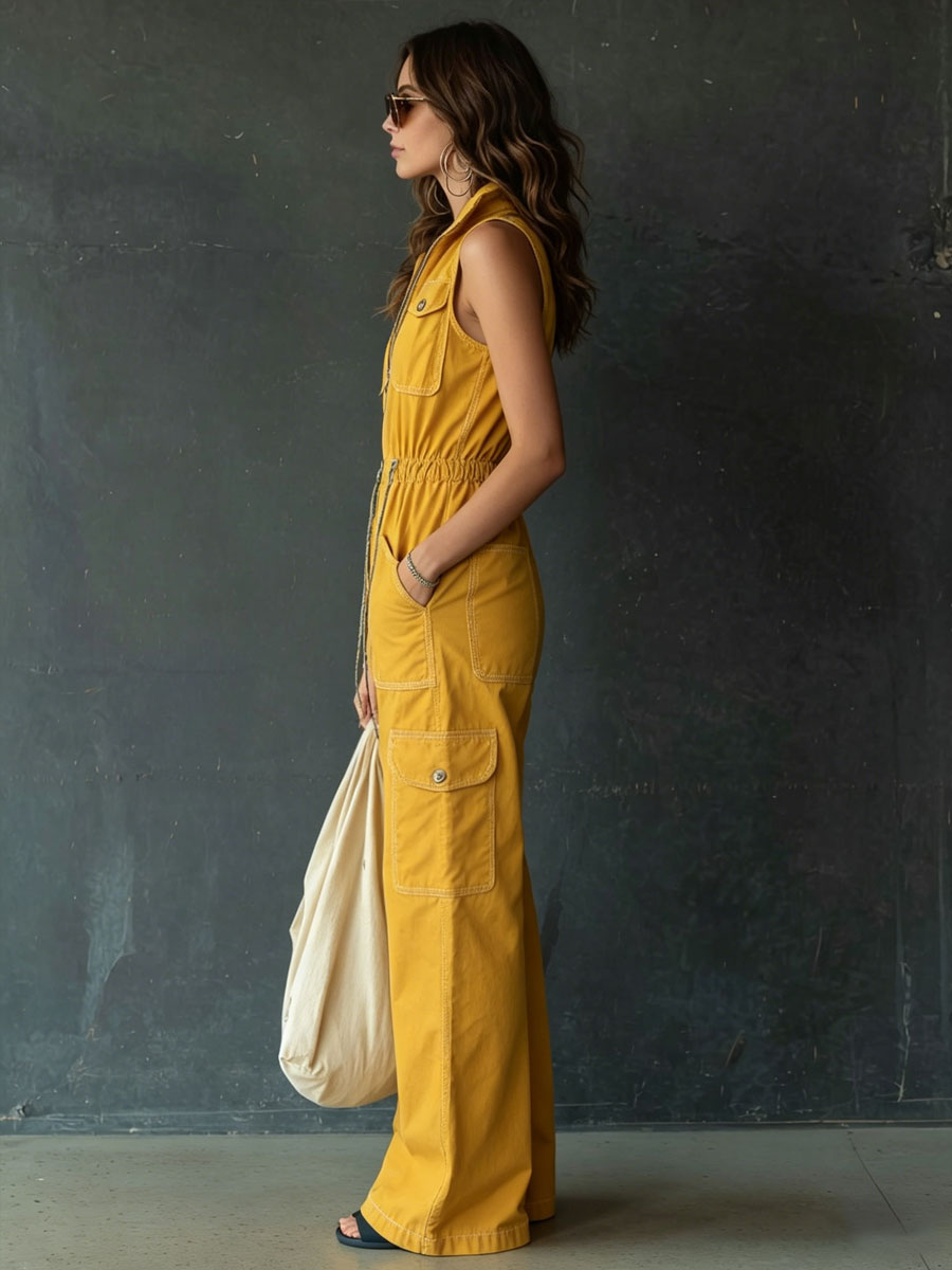 Casual Retro Sleeveless Zippered Yellow Cotton Jumpsuit